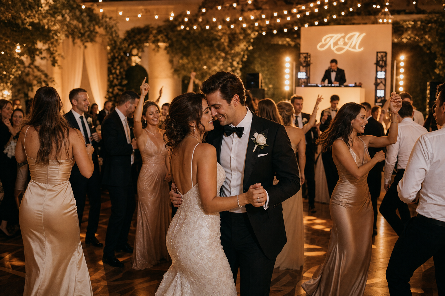 Guests dancing at a wedding reception under warm string lights with DJ U2Smooth performing in the background
